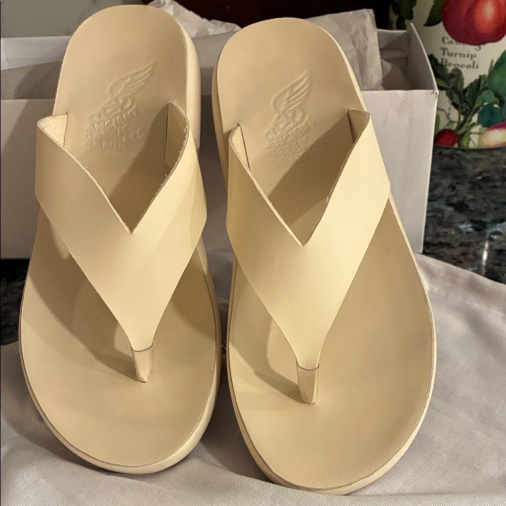 Ancient Greek Sandals Logo on Gray Fabric